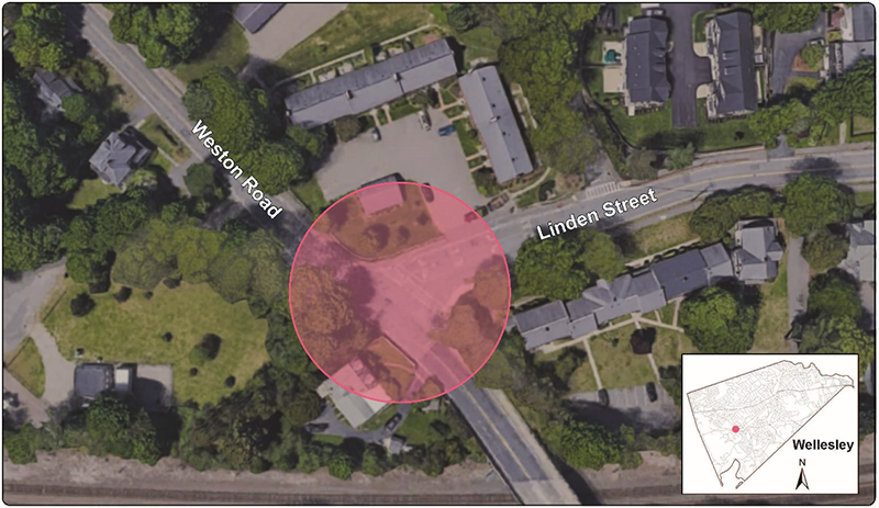 Figure 2 - Intersection Study Area: Linden Street and Weston Road. Aerial view of the study intersection that highlights where Linden Street meets Weston Road and the location of the intersection within the Town of Wellesley.